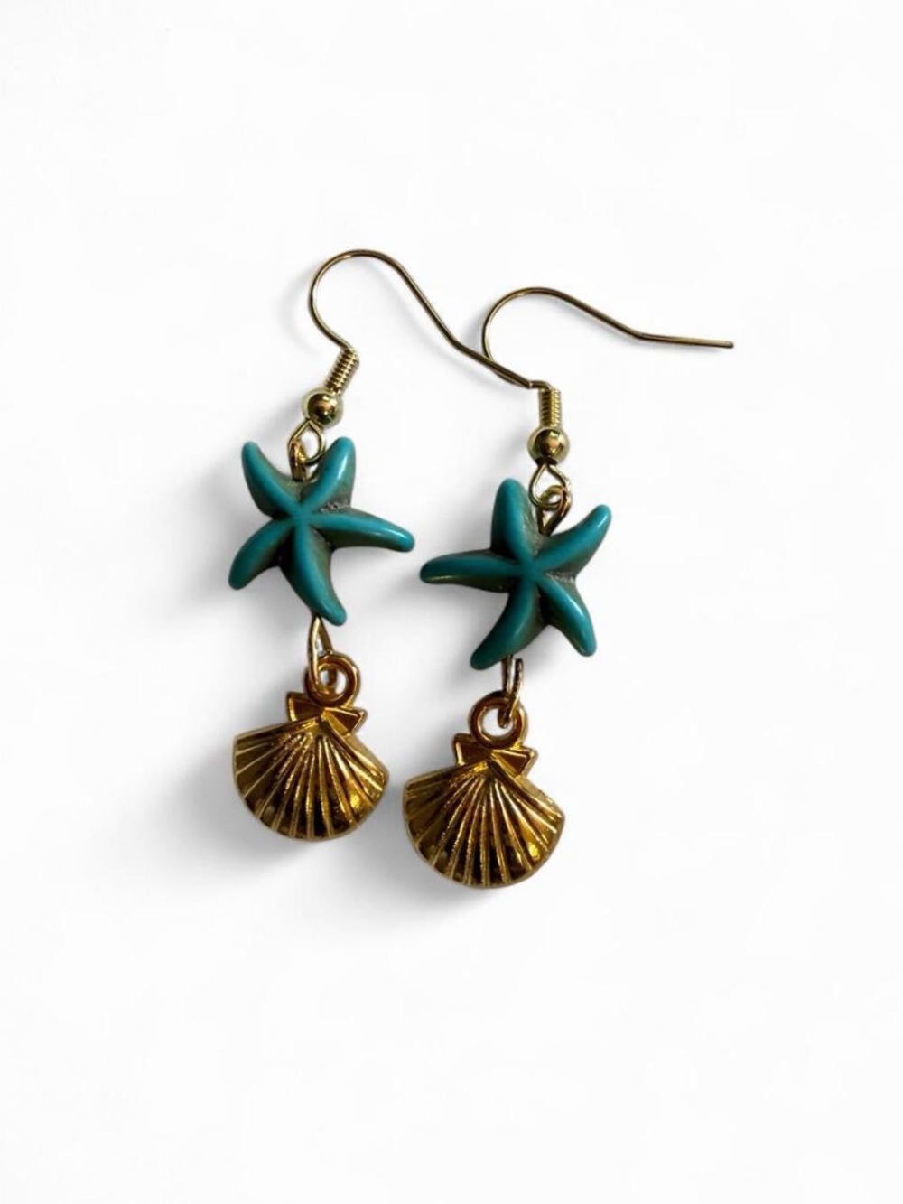 Handmade Turquoise Starfish & Gold Shell Earrings Boho Beach